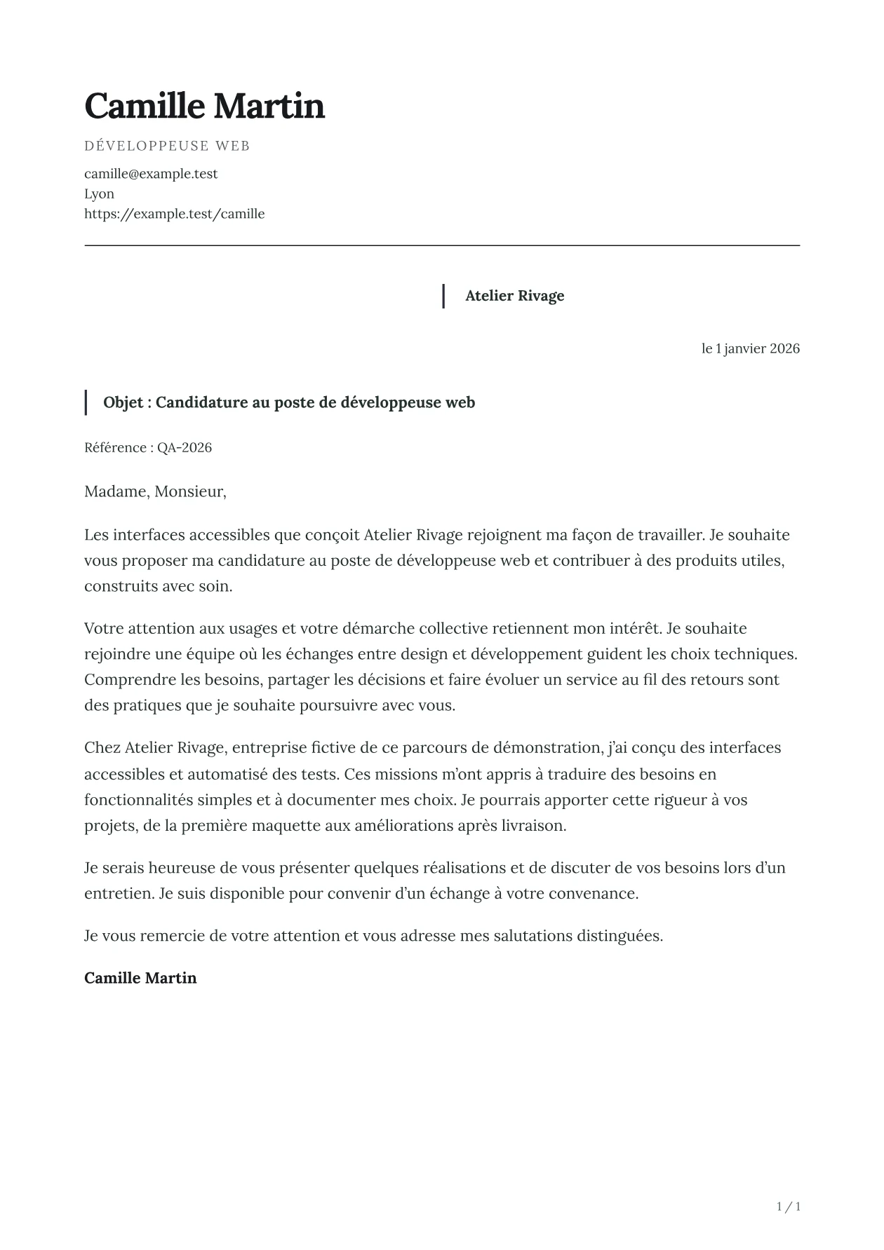 Aperçu de la lettre AXIS avec un contenu fictif