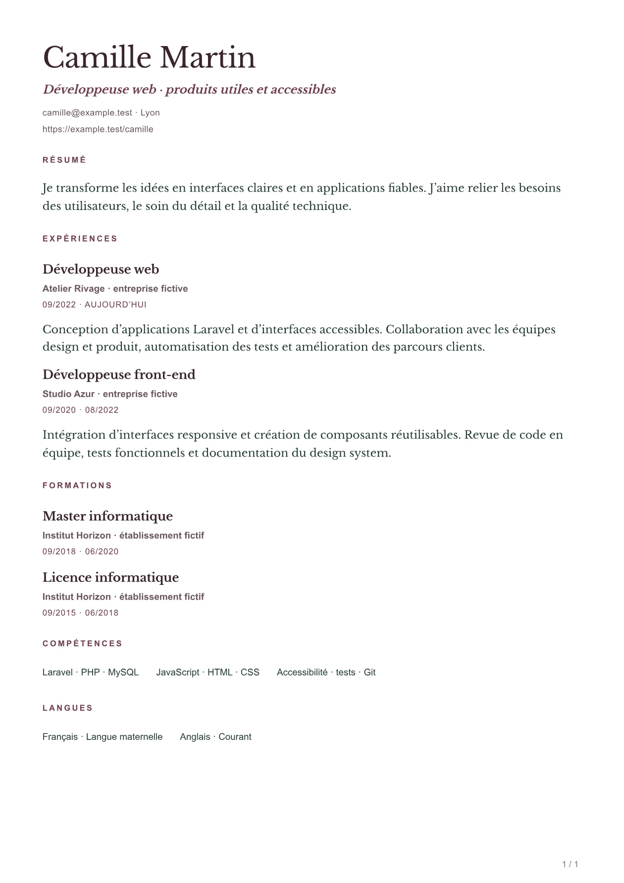 Aperçu du CV ELAN avec un parcours fictif