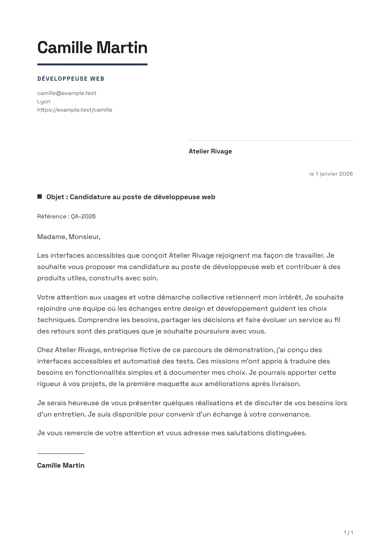 Aperçu de la lettre NOVA avec un contenu fictif