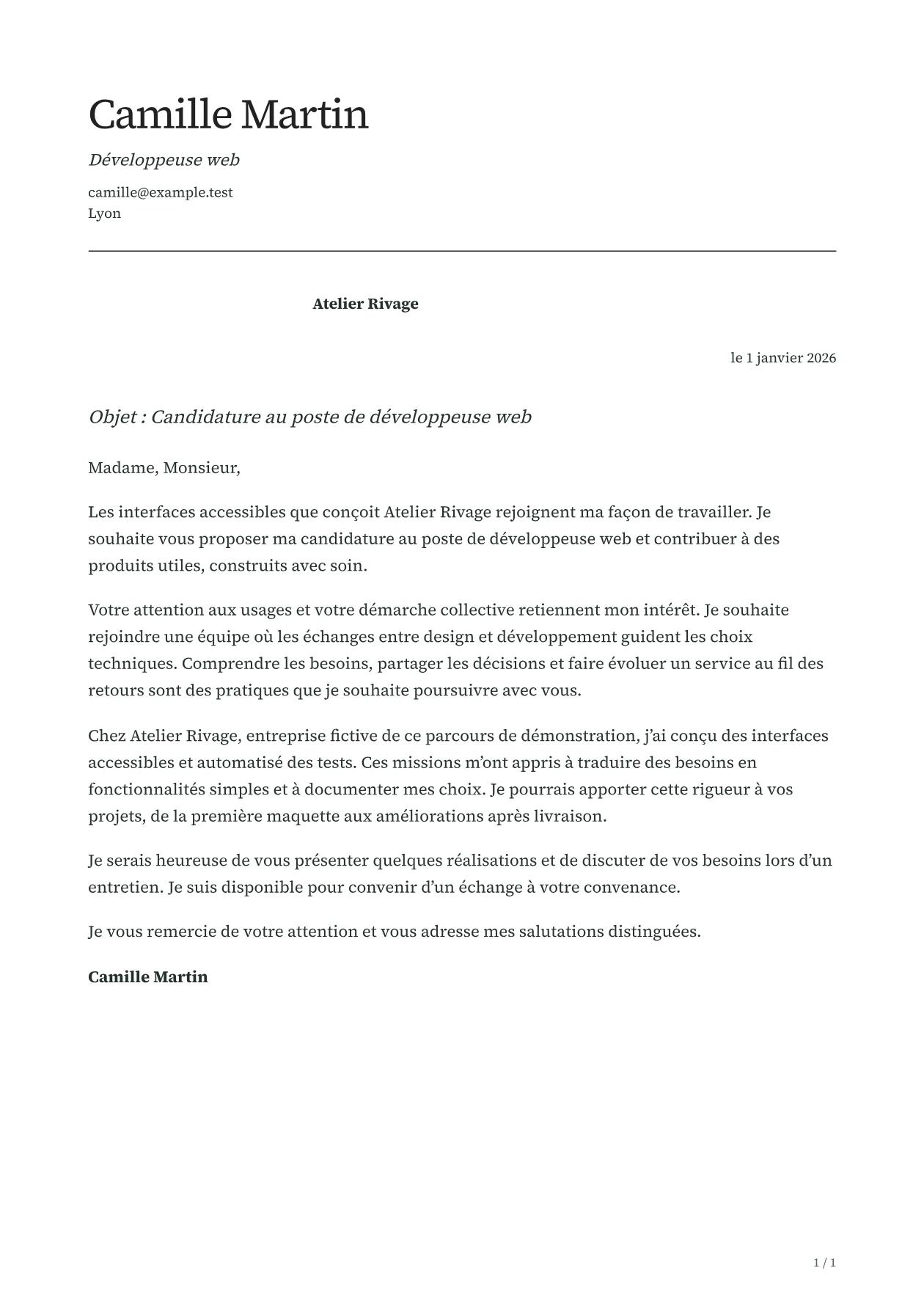 Aperçu de la lettre FOLIO avec un contenu fictif