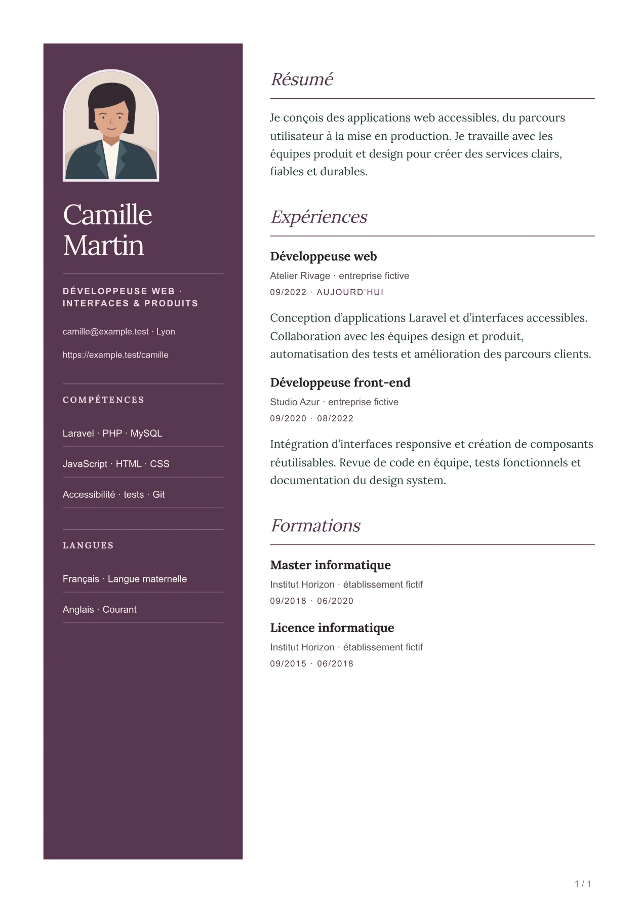 Aperçu du CV AURA avec un parcours fictif