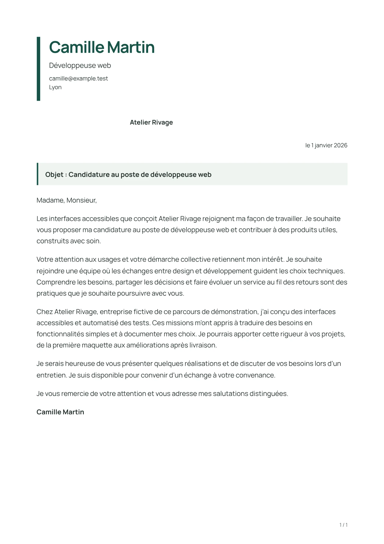 Aperçu de la lettre SIGNAL avec un contenu fictif