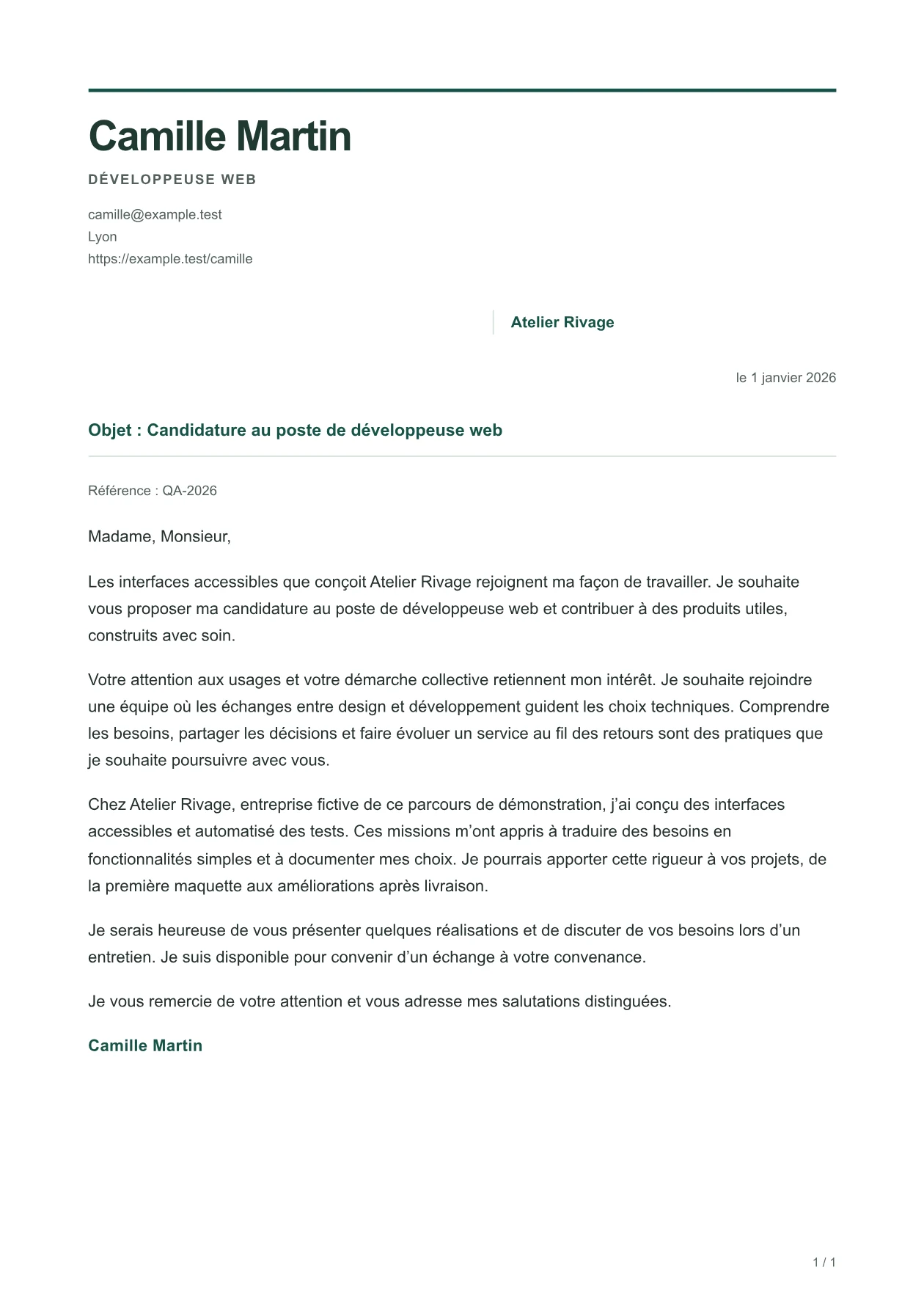 Aperçu de la lettre HORIZON avec un contenu fictif