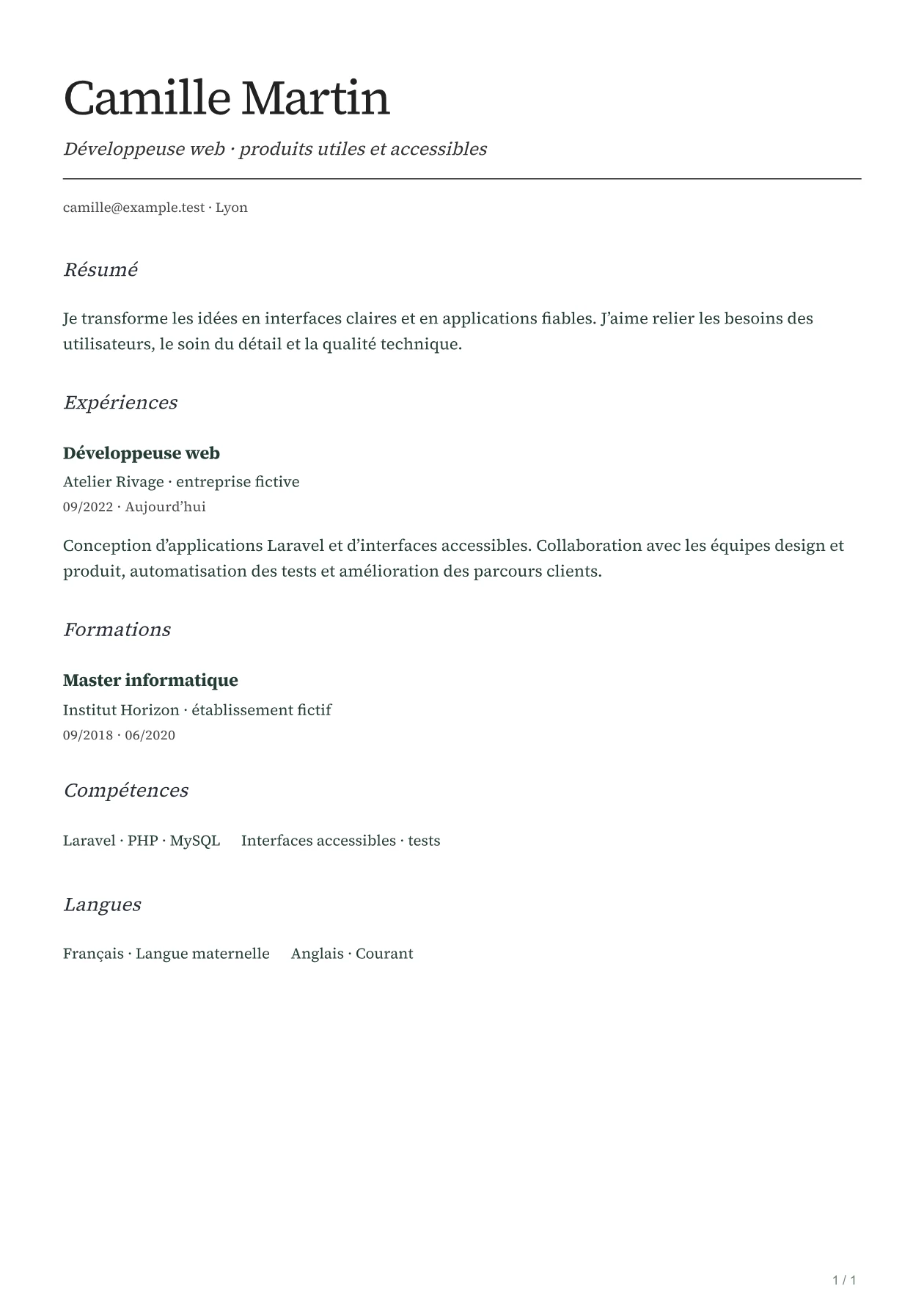 Aperçu du CV FOLIO avec un parcours fictif
