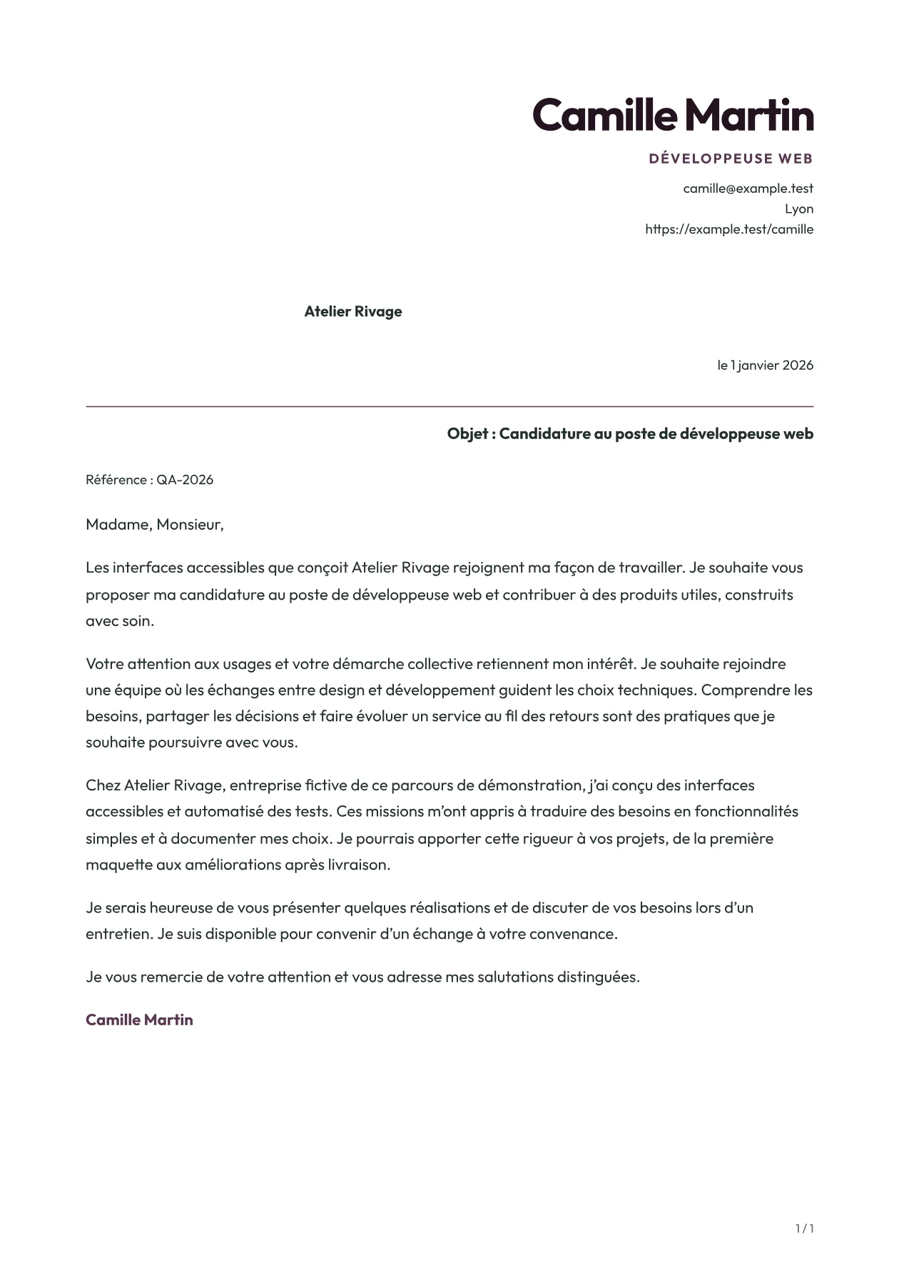 Aperçu de la lettre VELVET avec un contenu fictif