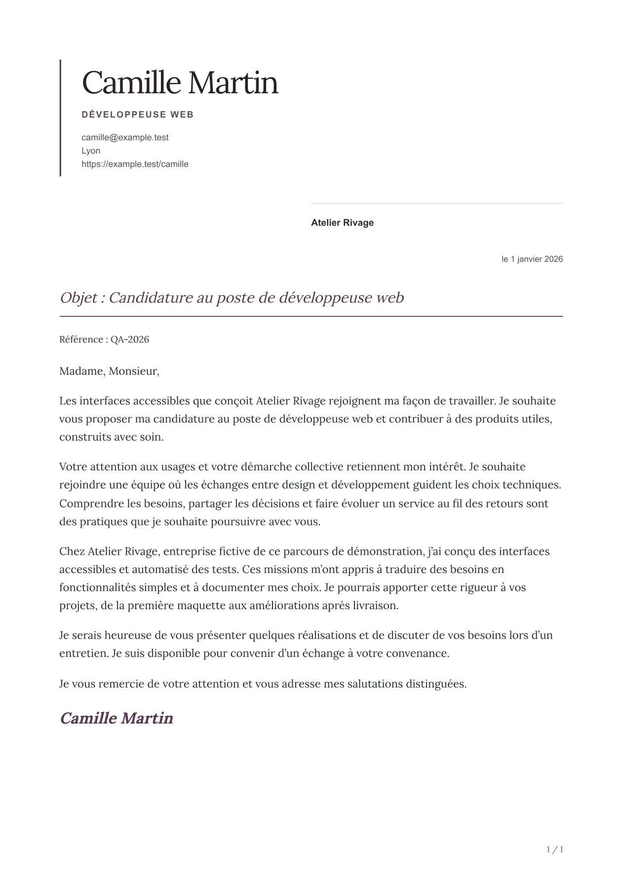 Aperçu de la lettre AURA avec un contenu fictif
