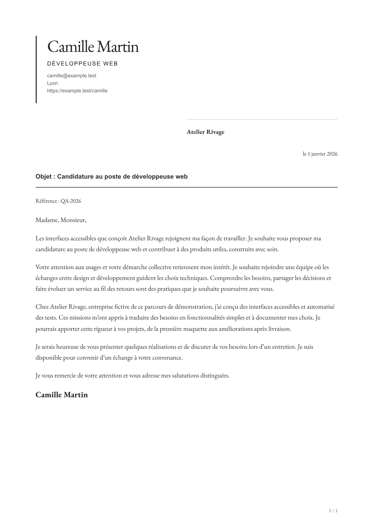 Aperçu de la lettre VANTAGE avec un contenu fictif