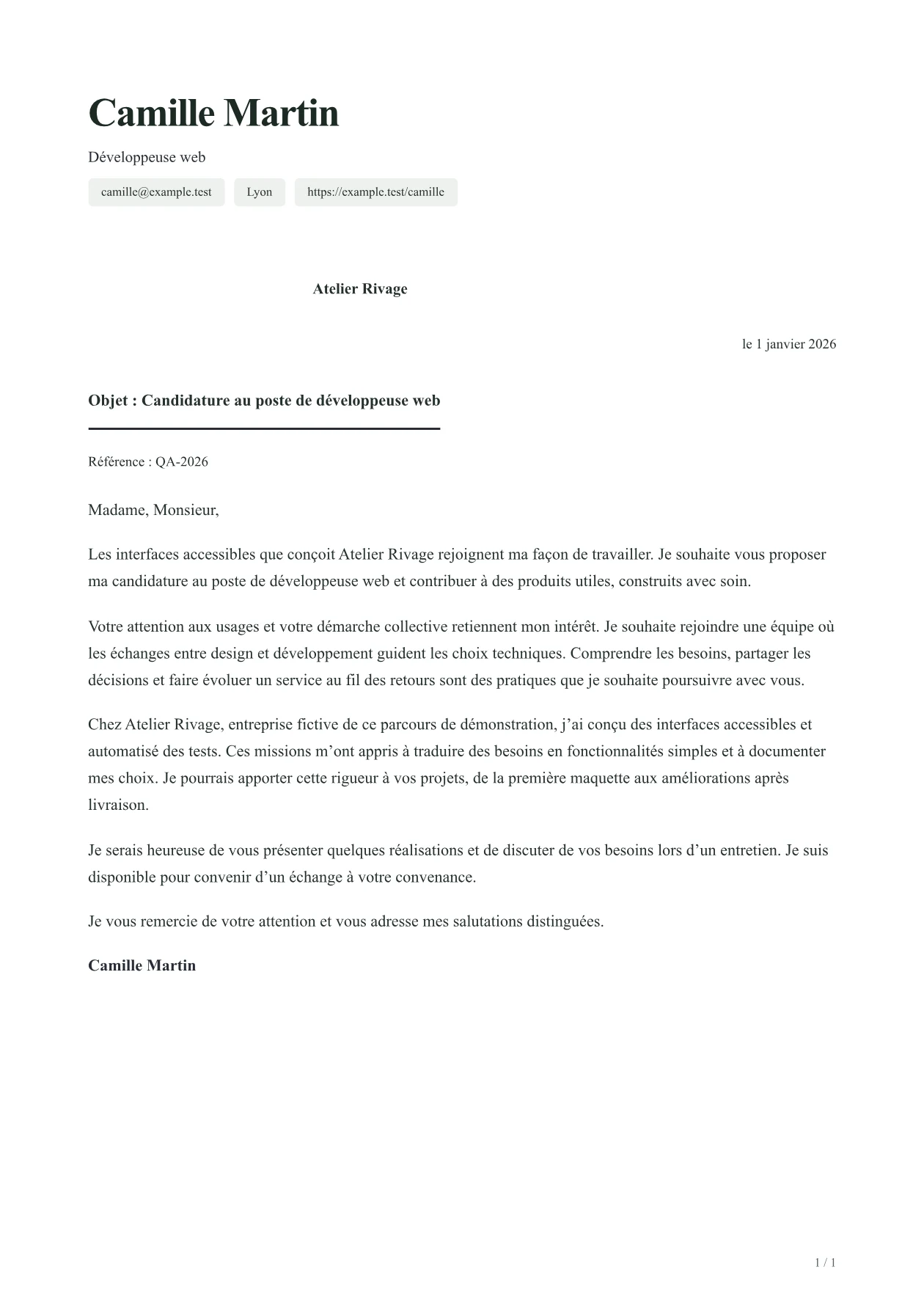 Aperçu de la lettre CLARITY avec un contenu fictif
