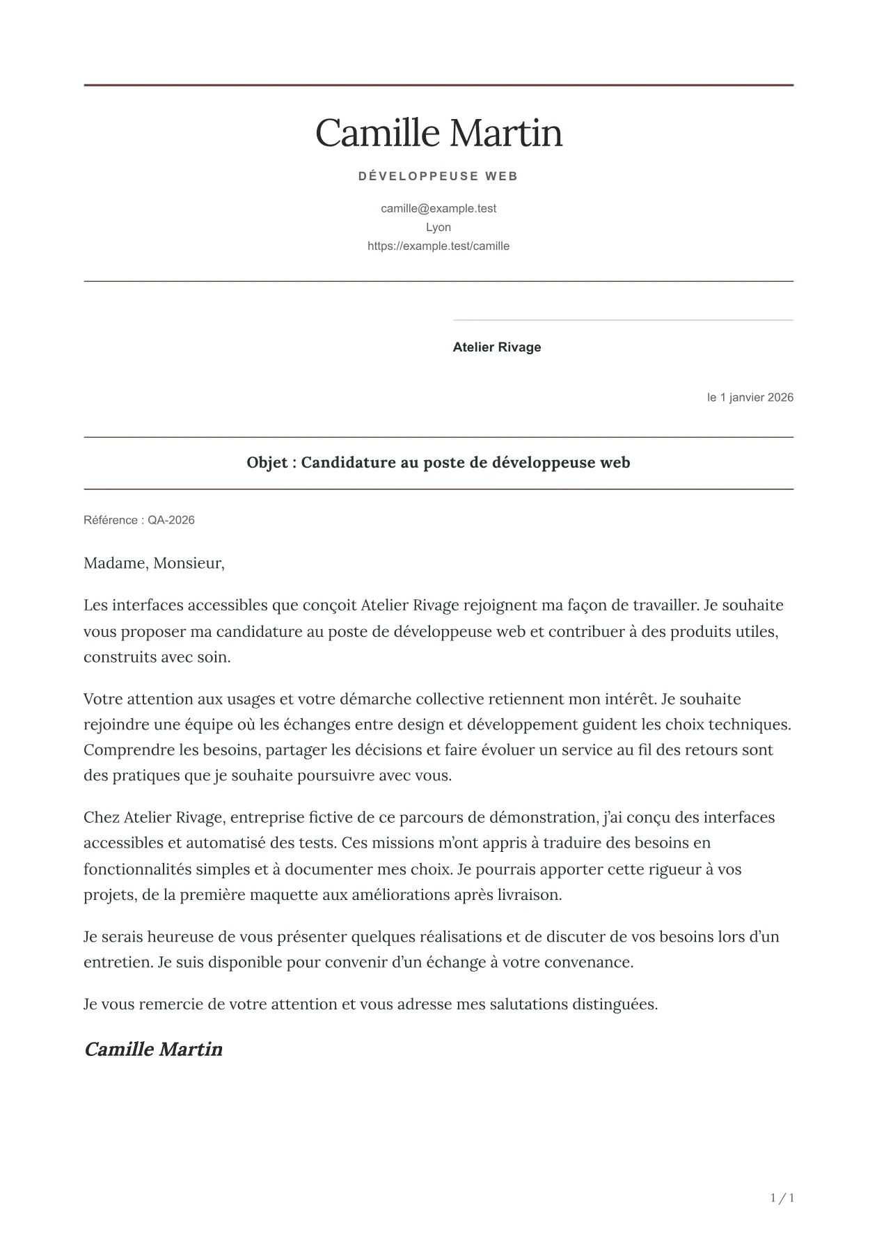Aperçu de la lettre ATLAS avec un contenu fictif