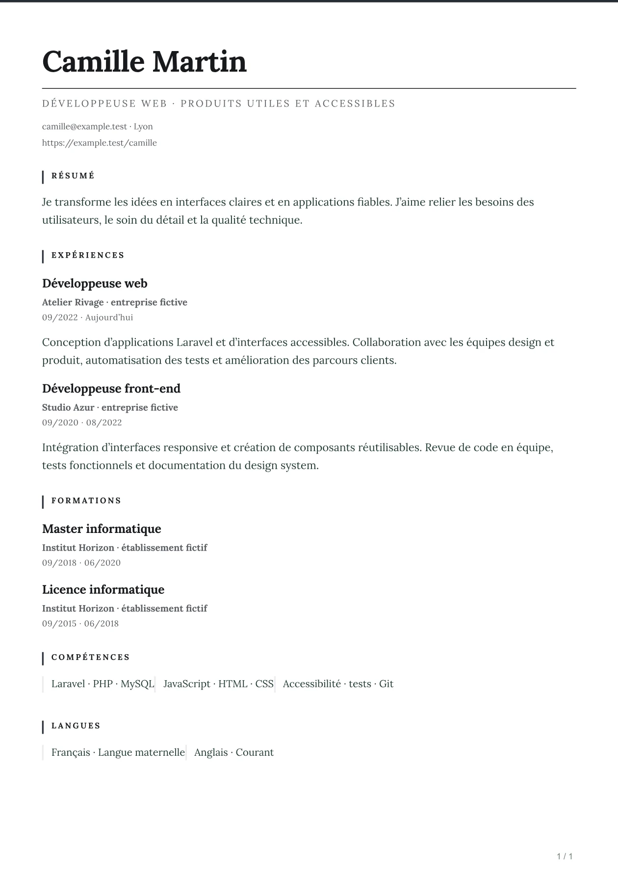 Aperçu du CV AXIS avec un parcours fictif
