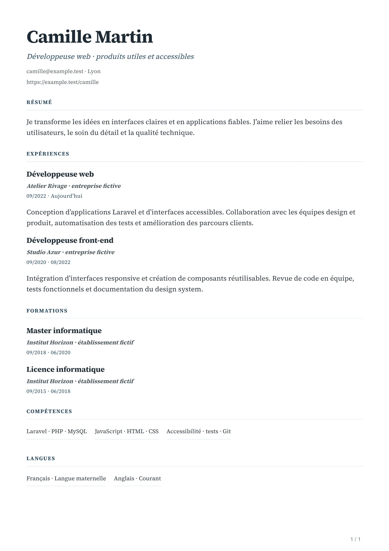 Aperçu du CV LUMEN avec un parcours fictif