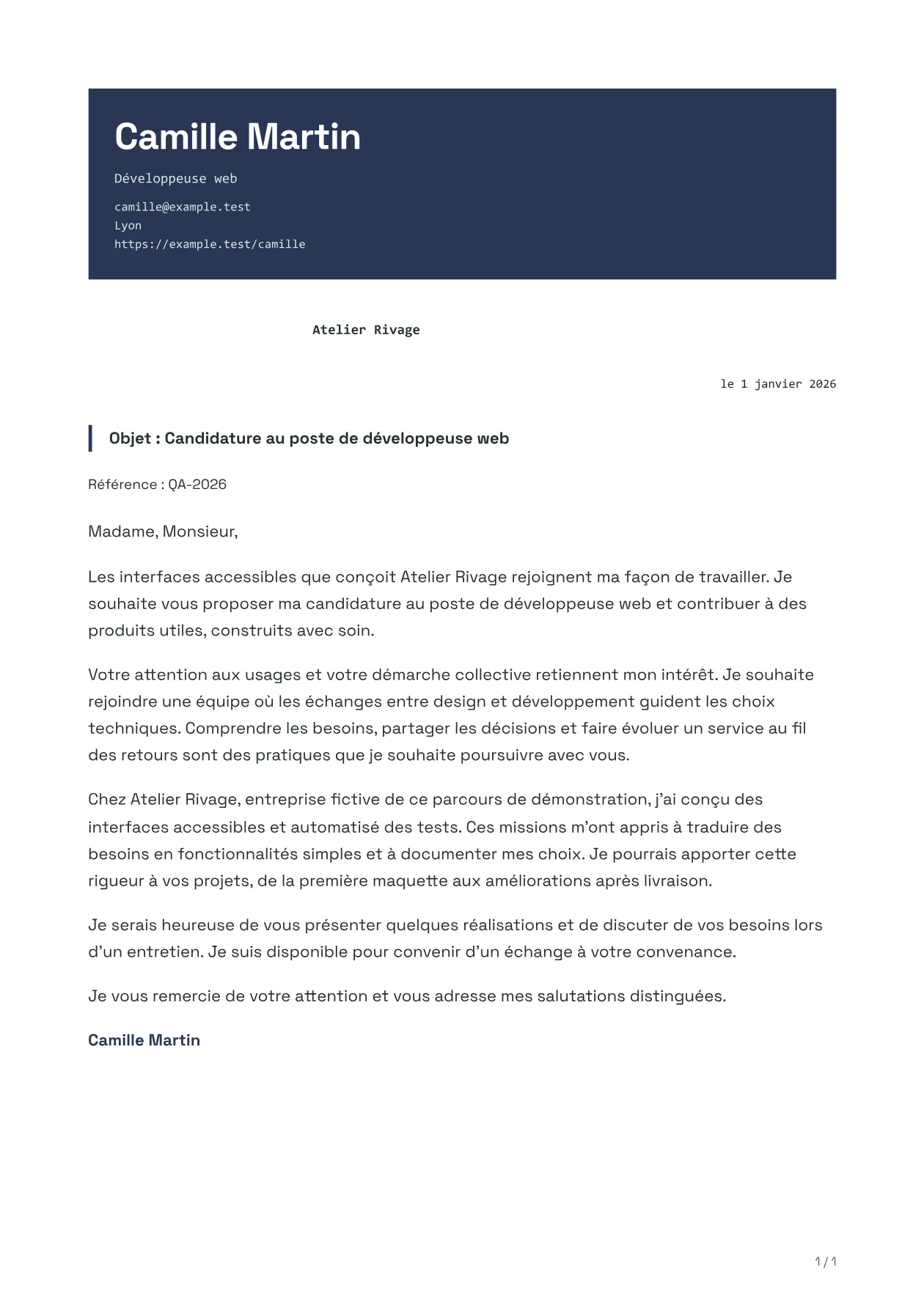 Aperçu de la lettre KINETIC avec un contenu fictif