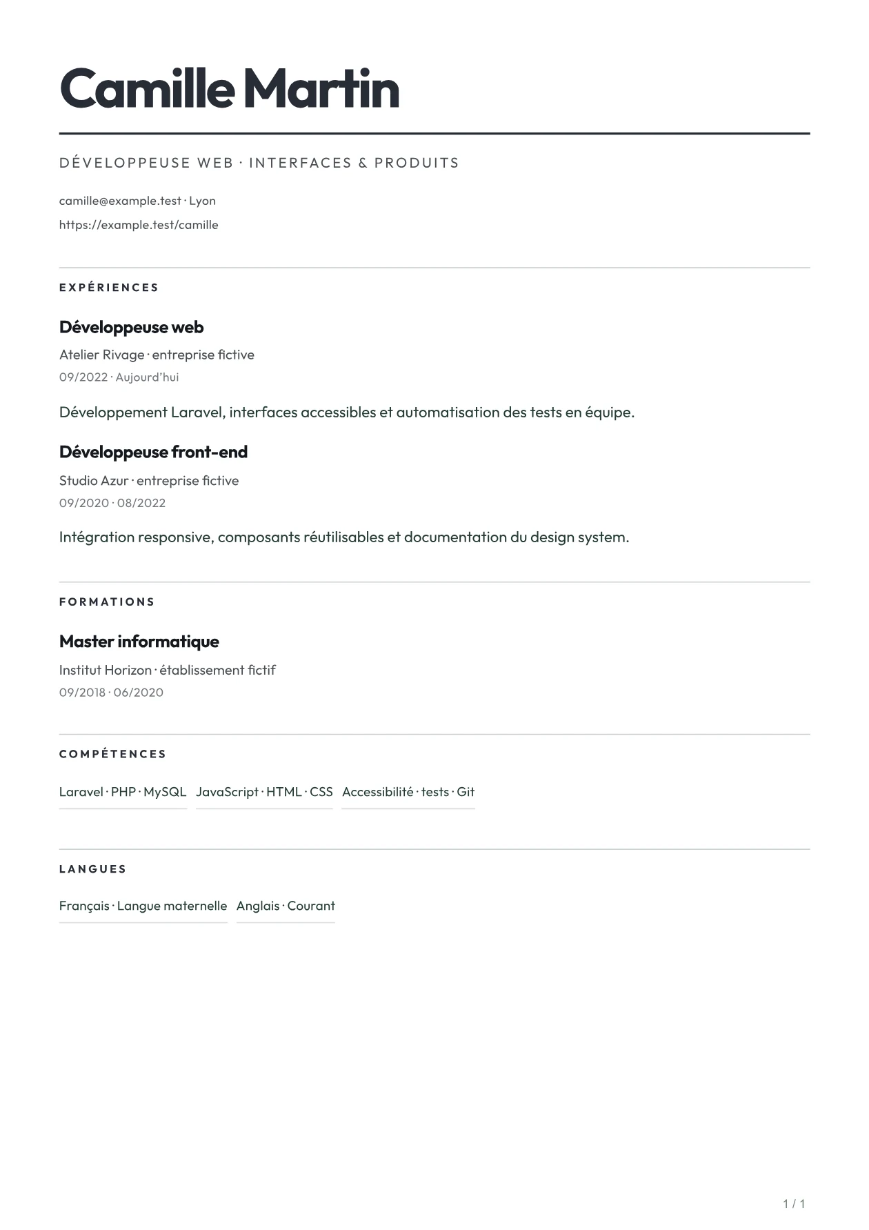 Aperçu du CV MONO avec un parcours fictif