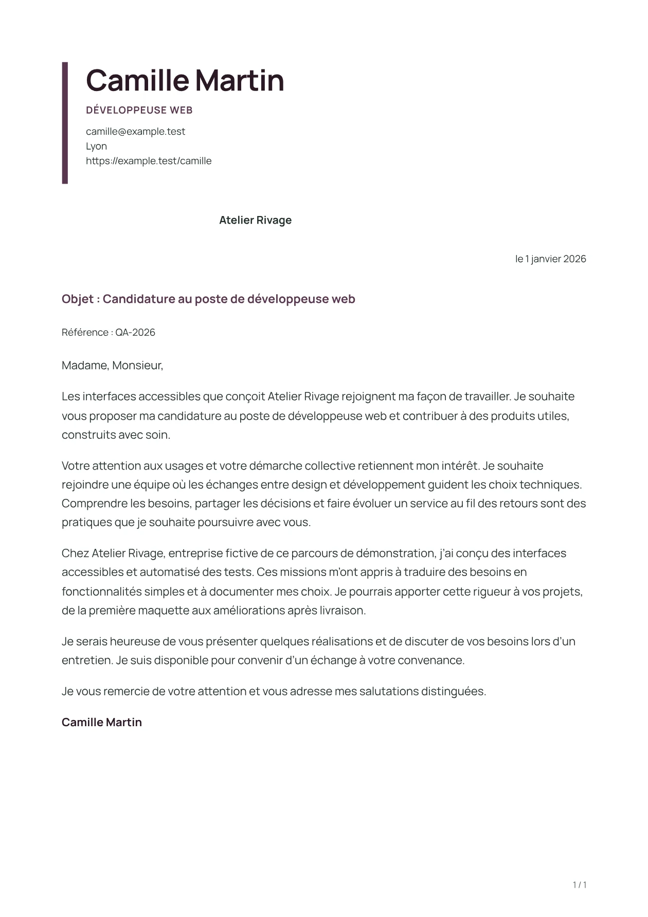Aperçu de la lettre PULSE avec un contenu fictif