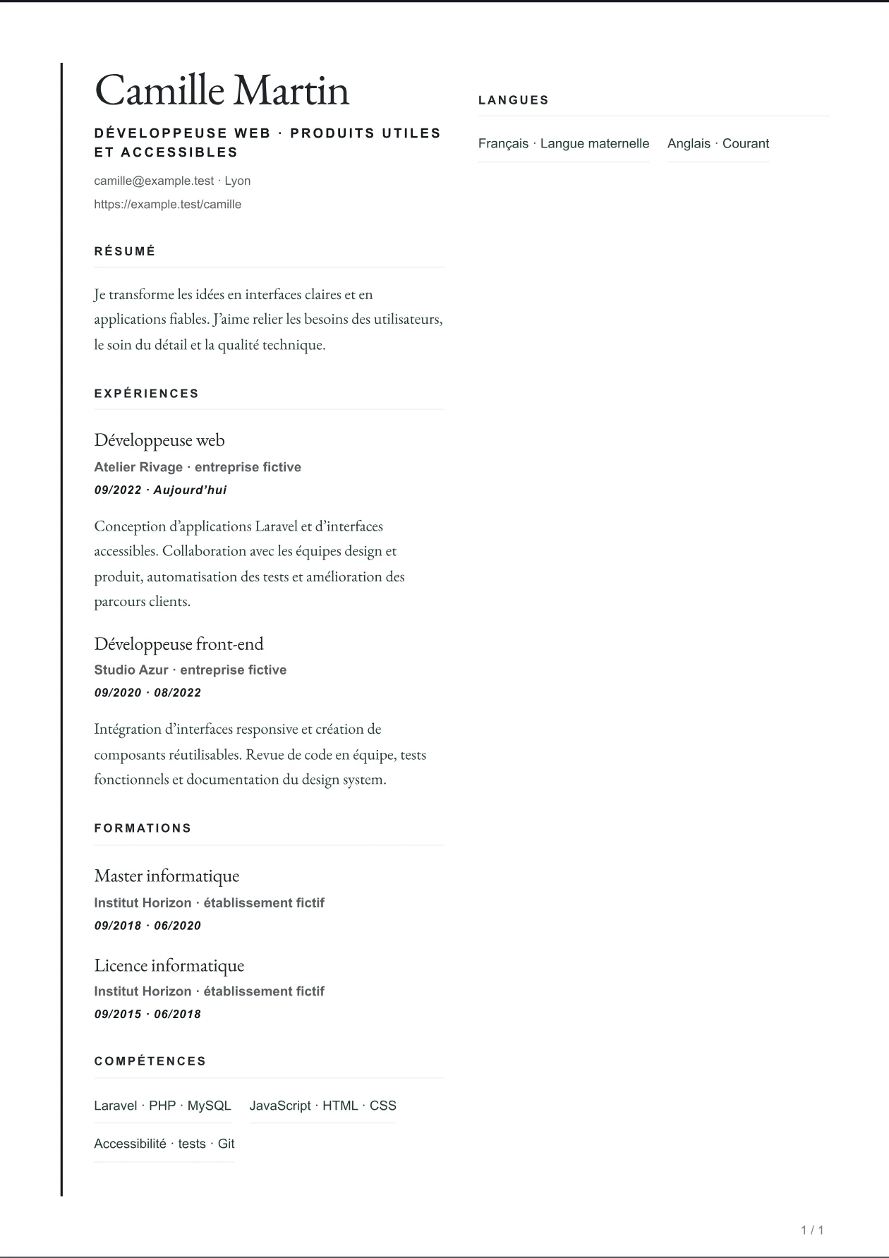 Aperçu du CV VANTAGE avec un parcours fictif