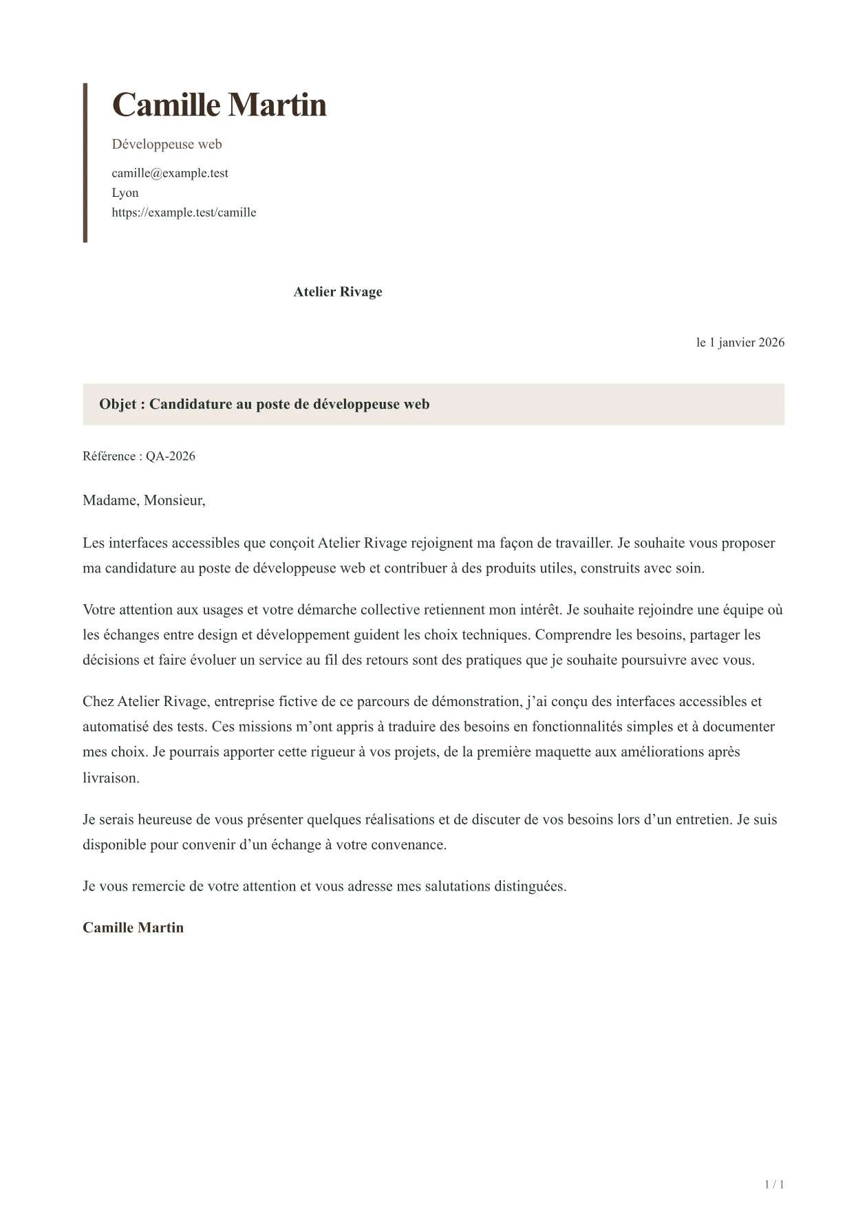 Aperçu de la lettre ORBIT avec un contenu fictif