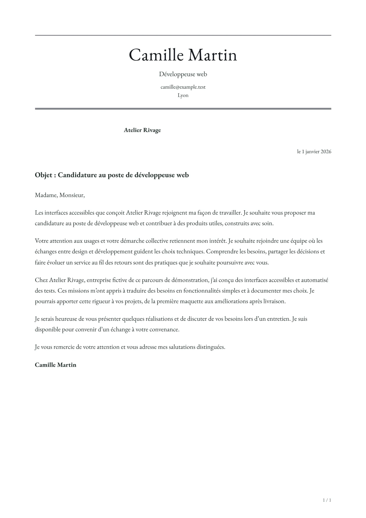 Aperçu de la lettre REGENT avec un contenu fictif