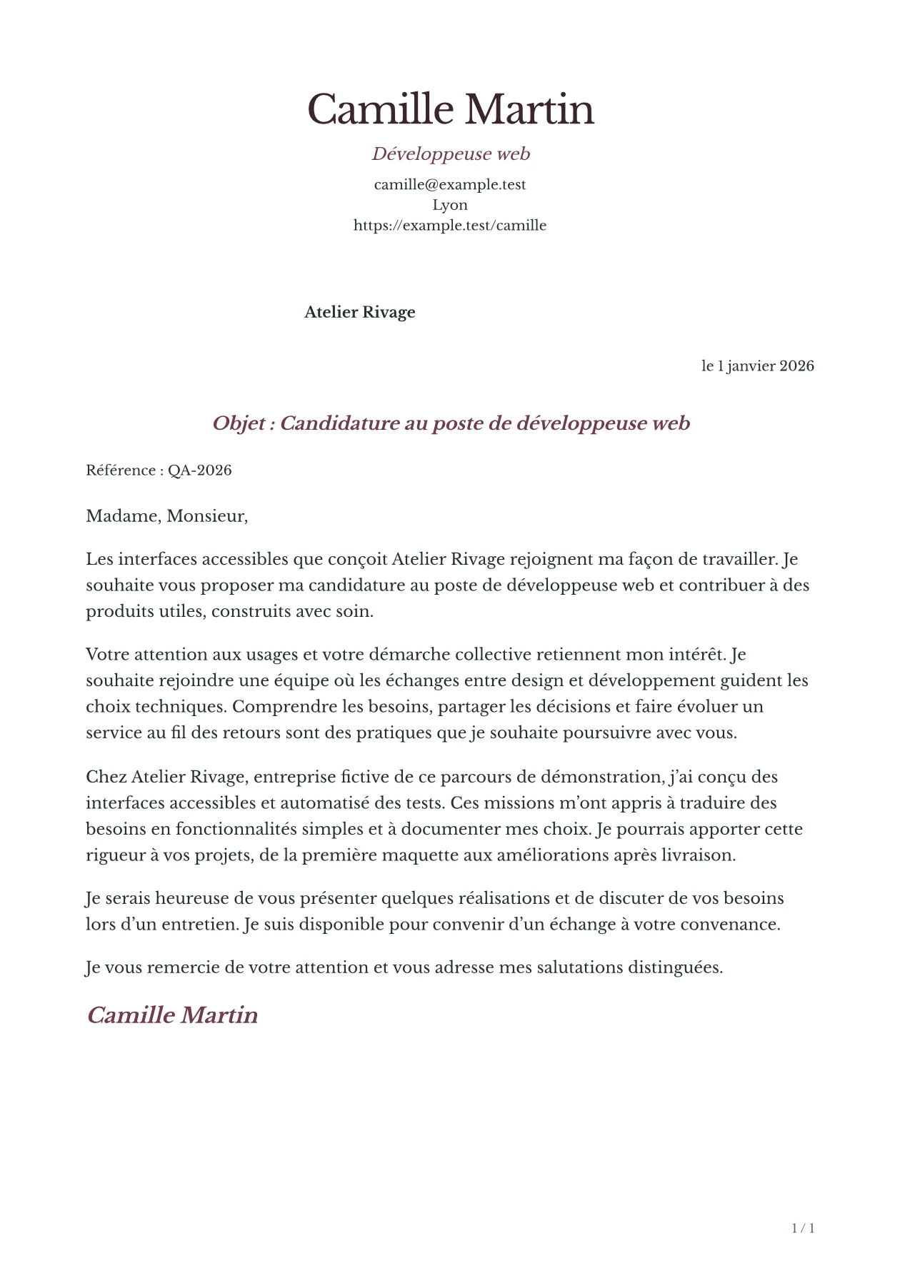 Aperçu de la lettre ELAN avec un contenu fictif