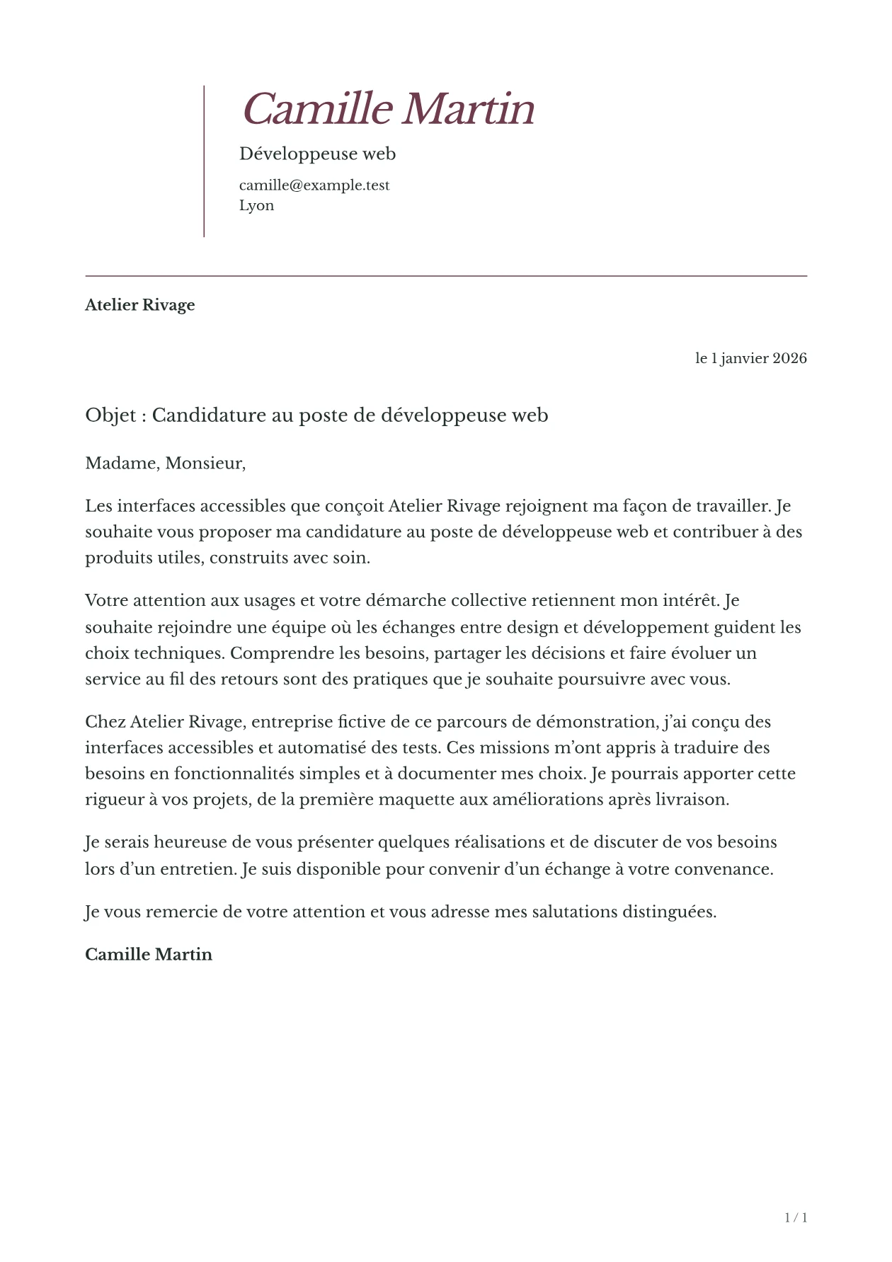 Aperçu de la lettre COLUMN avec un contenu fictif