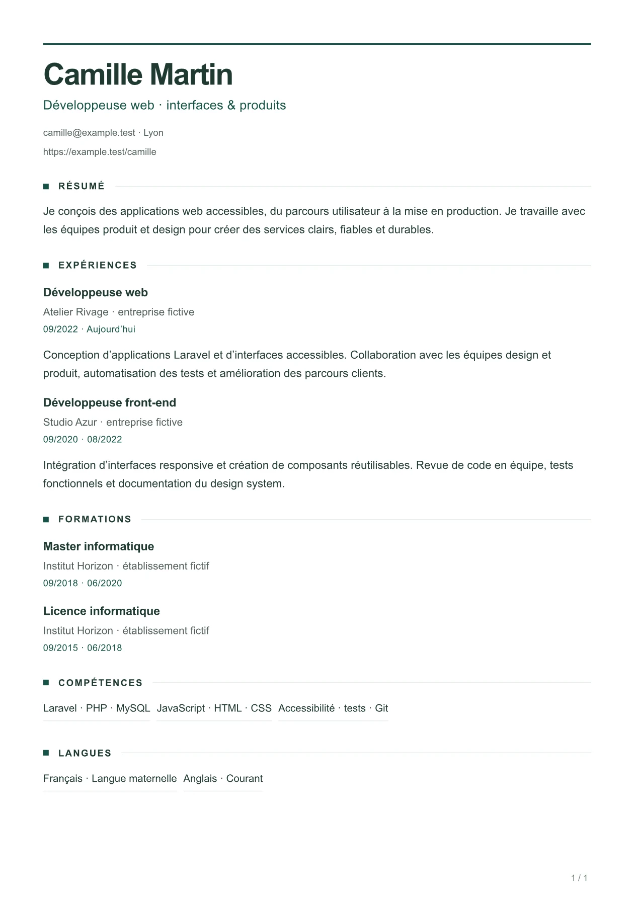 Aperçu du CV HORIZON avec un parcours fictif