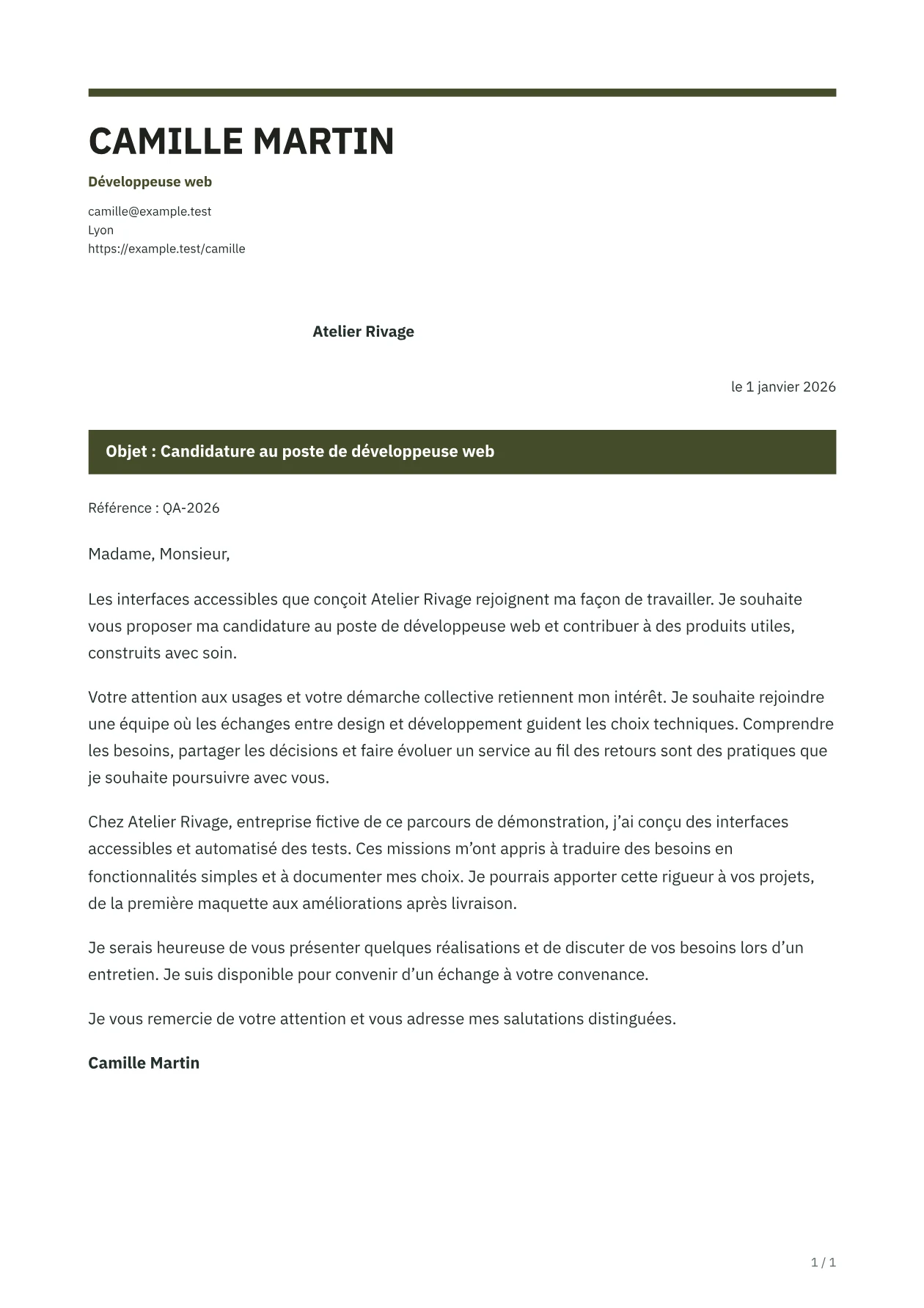 Aperçu de la lettre FORGE avec un contenu fictif