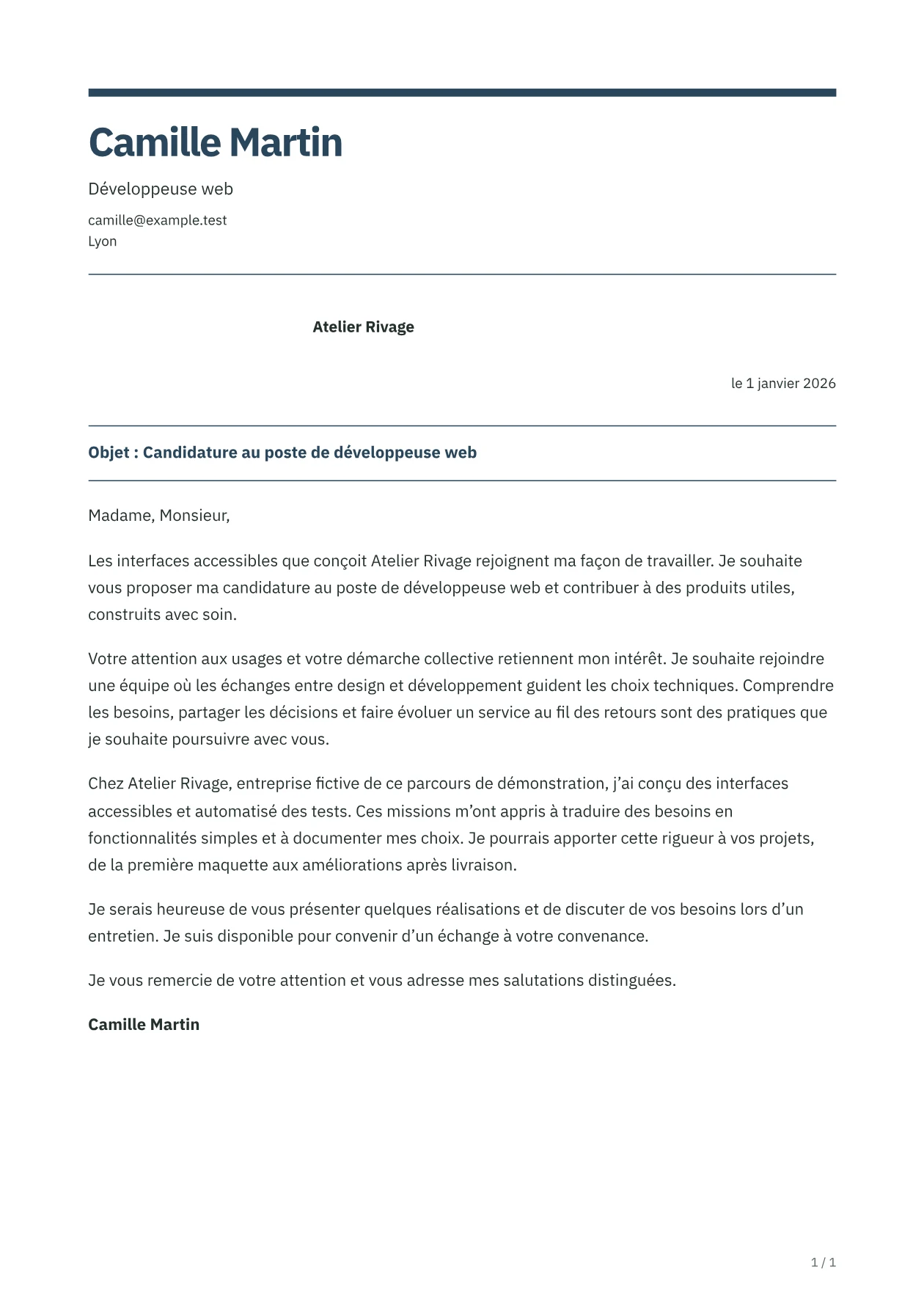 Aperçu de la lettre STRATA avec un contenu fictif