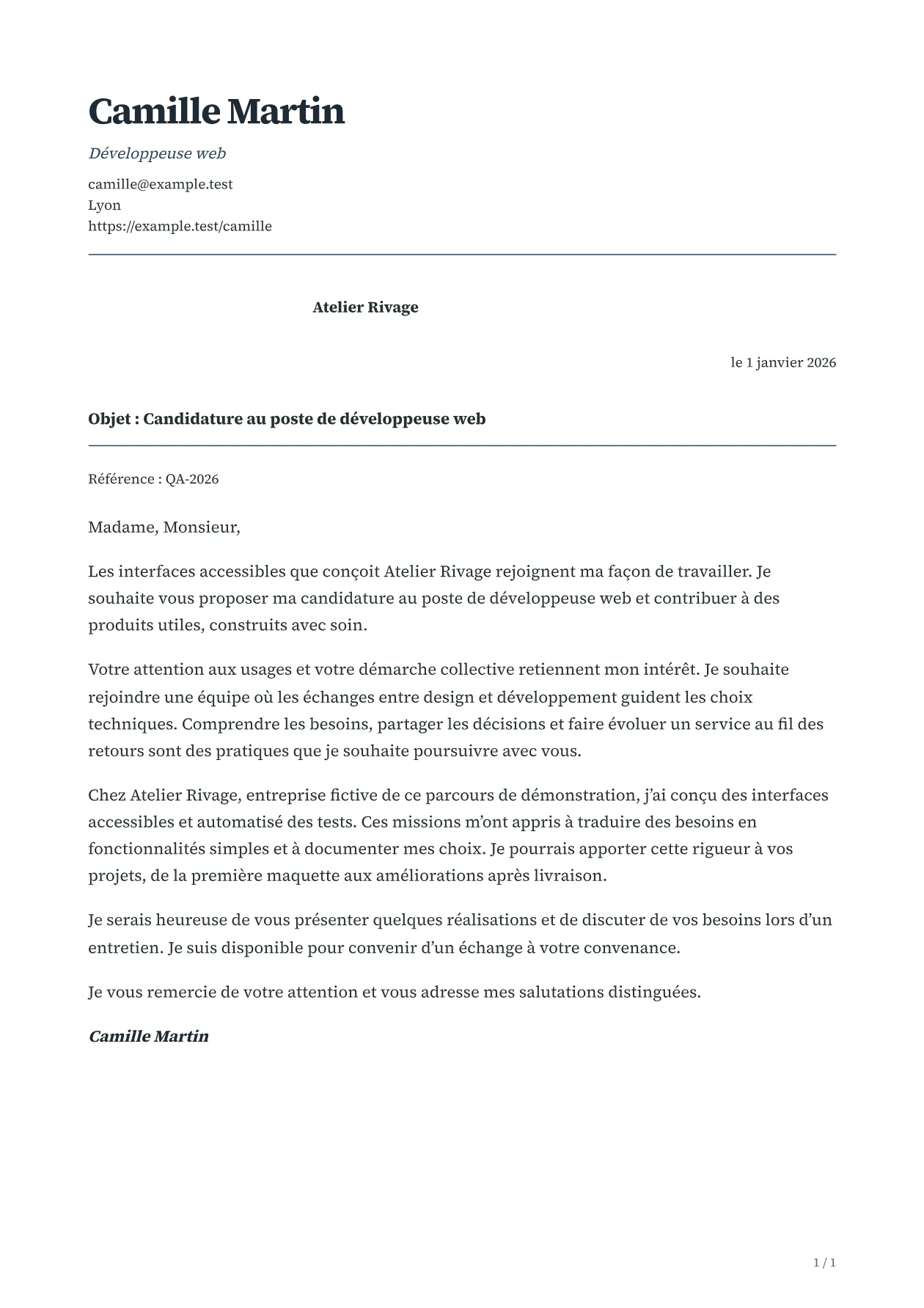 Aperçu de la lettre LUMEN avec un contenu fictif
