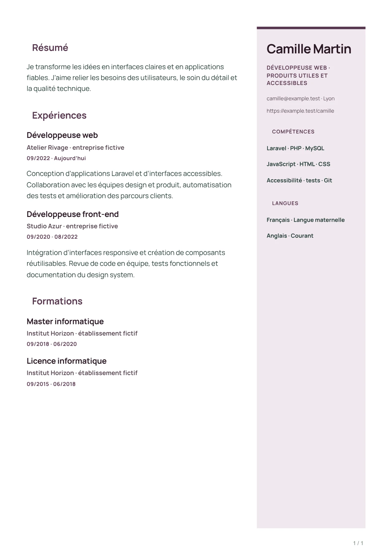 Aperçu du CV PULSE avec un parcours fictif